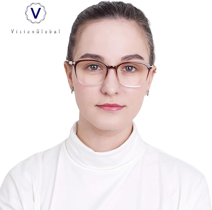 VisionGlobal Blue Light Blocking Glasses for Women/Men, Anti Eyestrain, Computer Reading, TV Glasses, Stylish Square Frame, Anti Glare