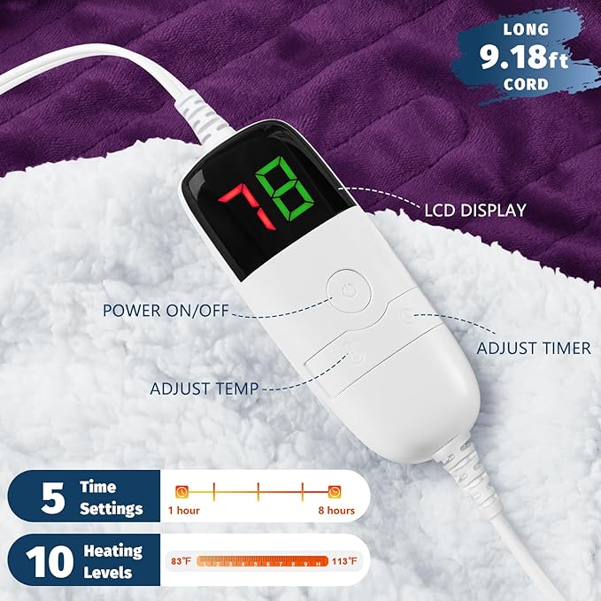 BOMOVA Heated Electric Blanket Full Size - 72" x 84" Heating Blanket with 10 Heating Levels & 8 Hours Auto Off, Warm Flannel Blanket, Christmas Birthday Gifts for Women