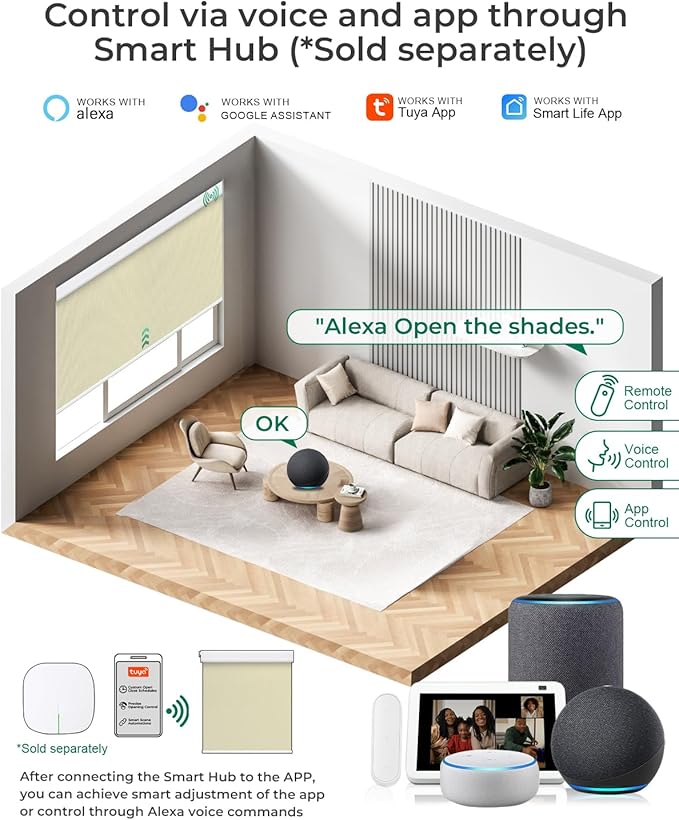 Allesin No Drill Motorized Blinds with Remote | Rechargeable Smart Blackout Roller Shades, Cordless Electric Window Blinds for Bedroom, Living Room, Home Office, Beige 33x72 Inches
