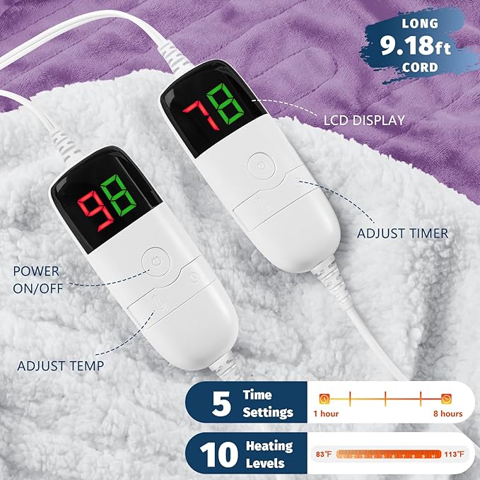 Heated Electric Blanket King Size - 90" x 100" Heating Blanket with Dual Control, 10 Heating Levels & 8 Hours Auto Off, Soft Warm Flannel Blanket, Christmas Birthday Gifts for Senior Grandma