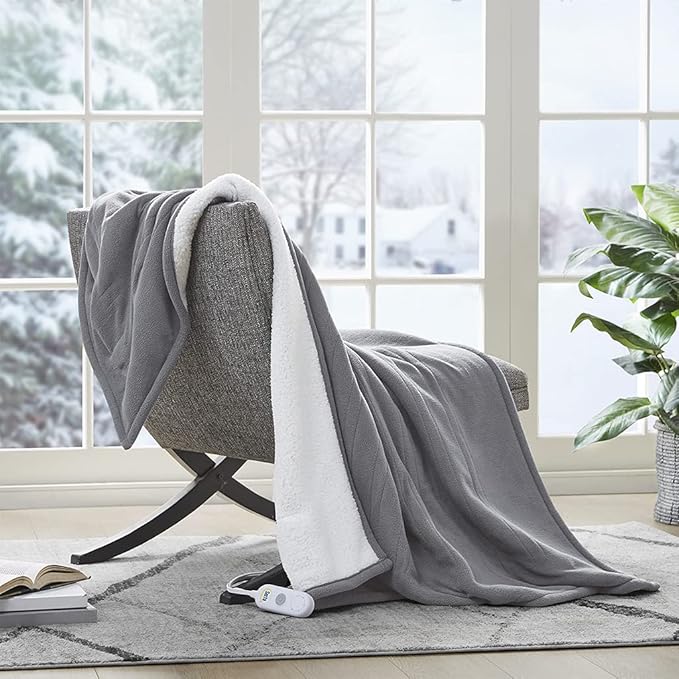 Serta Reversible Fleece to Sherpa Electric Throw Blanket, Fast Heating, Auto Shut Off Timer, Multi Heat Setting, ETL Certified, Machine Washable, Grey 50"x 60"