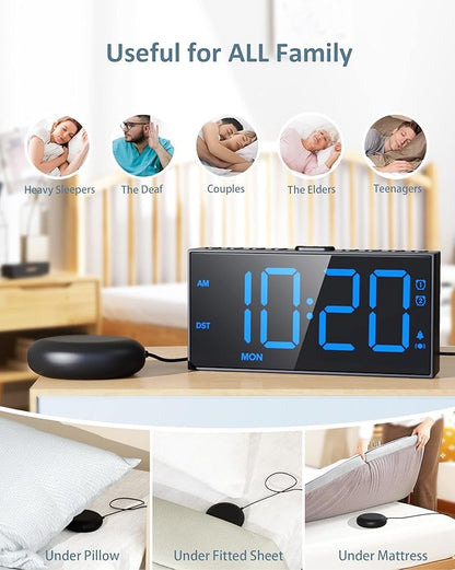 Roxicosly Vibrating Alarm Clock with Bed Shaker for Heavy Sleepers Adults, Dual Alarms for Weekday & Weekend, Large Display, Snooze, USB Charging Port, 12/24H DST