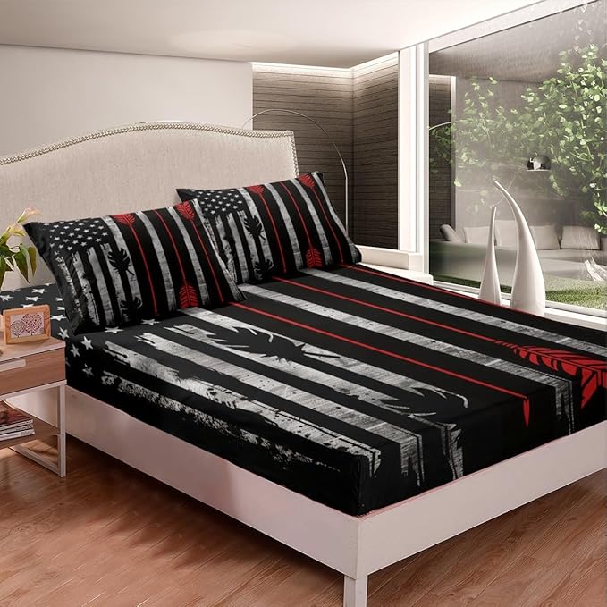 Manfei Archery Fitted Sheet Full Size, American Flag Print Bedding Set 3pcs, Sports Gaming Theme Bed Cover with 2 Pillowcases, Kids Boys Teens Adults Room Decor, Soft Bedding(No Top Sheet)