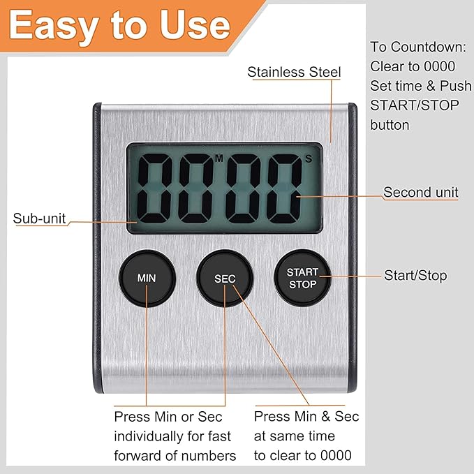 Digital Kitchen Timer - Magnetic Countdown With Loud Alarm, Stainless Steel for Cooking, Baking, Sports Games