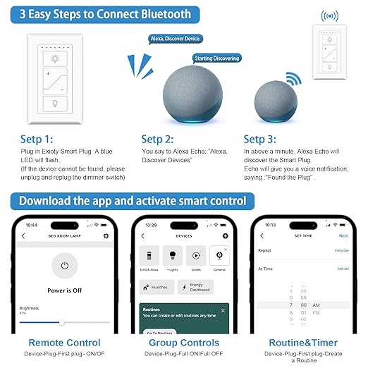 Dimmer Switch, Remote Light Switch with Wireless Remote Control, Bluetooth & Alexa Voice Compatible, Single Pole for Dimmable LED/CFL/Incandescent Lights, Neutral Wire Required