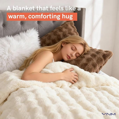 YnM Ultra-Soft Weighted Blanket, Fluffy Bubble Cuddle Heavy Bed Blanket, Plush Faux Fur Big Comforter, Soft & Warm Home Decor Piece (Cream, 90''x90'' 25lbs, Full/Queen)