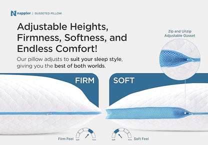 Side and Back Sleeper Pillow for Neck and Shoulder Pain Relief-Shredded Memory Foam Bed Pillow for Sleeping - 100% Adjustable Fill - Queen Size - Set of 2 - Washable Case. Extra Fill Included