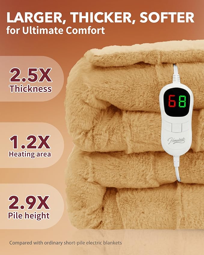 Homemate Electric Heated Throw Blanket - 50"x60" Luxury Faux Fur Heating Bed Blankets with 10 Heating Levels 8 Hours Auto Off Fast Heating Over-Heated Protection Ultra Soft Warm Flannel ETL Certified
