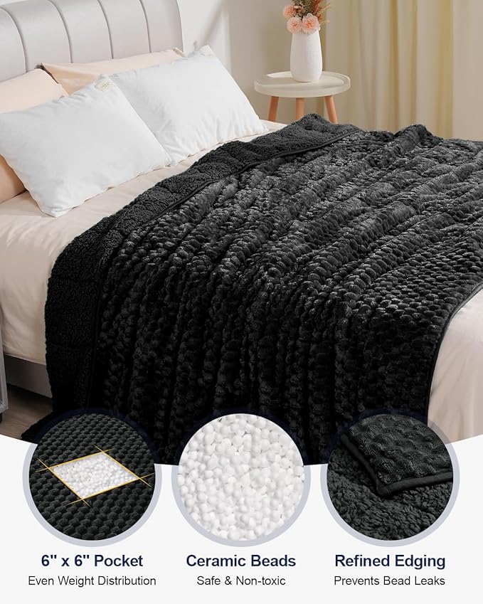 Super Soft Luxury Fleece Sherpa Weighted Blanket 15lbs for Adults, Turtle Shell Fluffy Cozy Warm Queen Size Weighted Throw, Ceramic Beads Washable Heavy Blankets for Couch Bed, Black, 60" x 80"