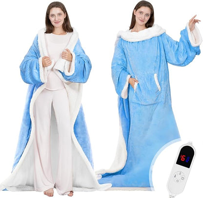 Wearable Heated Blanket with Foot Pocket, 52"x72" Electric Blanket with Sleeves for 12 Hours Timer, 6 Heat Settings, Flannel & Sherpa, Blue