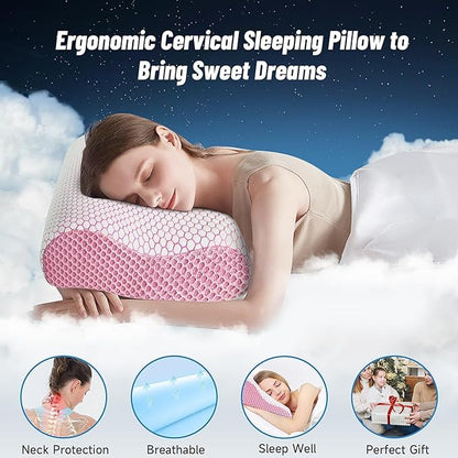 CloudBliss Memory Foam Pillow, Ergonomic Neck Contour Cervical Pillow for Back and Shoulder Pain, Orthopedic Pillow for Neck Pain Relief, for Sleeping Side, Back, Stomach Sleepers - Pink, King