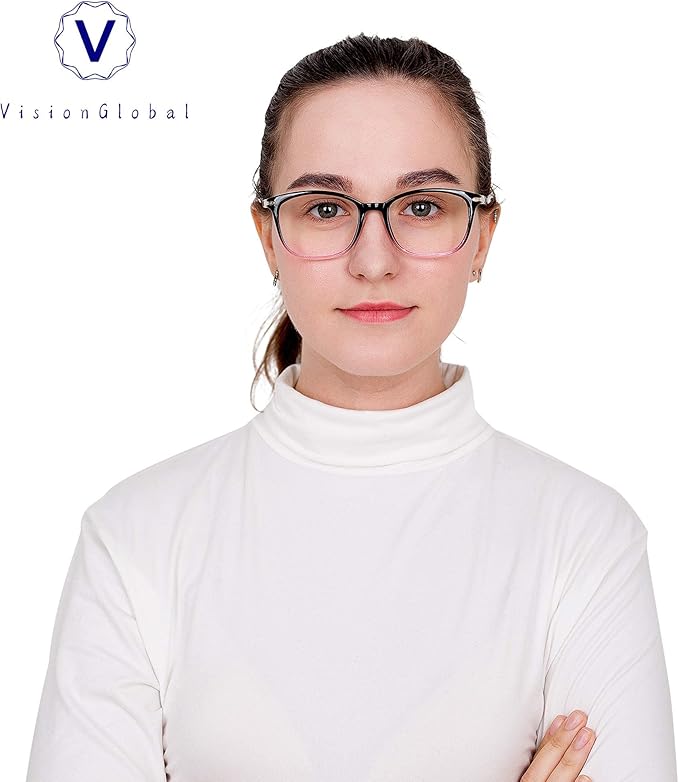 VisionGlobal Blue Light Blocking Glasses for Women/Men, Anti Eyestrain, Computer Reading, TV Glasses, Stylish Square Frame, Anti Glare (Black Purple,No Magnification)
