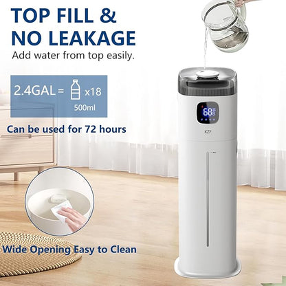 Large Humidifier for Bedroom, 9L/2.5Gallon Ultrasonic Cool Mist Humidifier with Humidistat, 360°Nozzle, 350ML/H Big Mist Level, Suitable for Kids Room Livingroom Yoga Office Plant，White