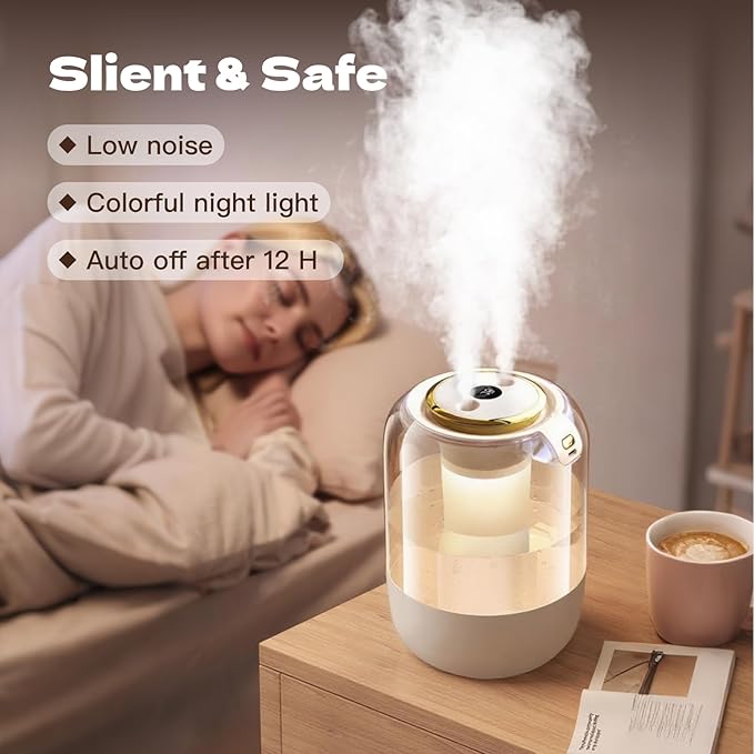 Air Humidifier for Bedroom, 2L Quiet Cool Mist Humidifier for Plants Dorm Room Office Home Car Personal Humidificador with 3 Mist Modes & Night Light