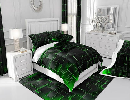Manfei Abstract Sheet Set Full Size, Modern Geometric Square Grid Bed Sheet Set 4pcs with Deep Pocket Fitted Sheet + Flat Sheet + 2 Pillowcases, Green and Black Bedding Set for Kids Boys Girl Adults