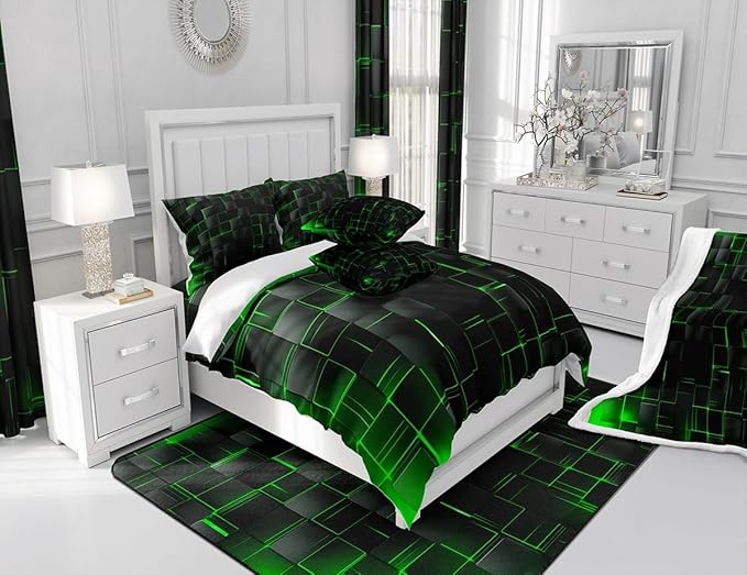 Manfei Abstract Sheet Set King Size, Modern Geometric Square Grid Bed Sheet Set 4pcs with Deep Pocket Fitted Sheet + Flat Sheet + 2 Pillowcases, Green and Black Bedding Set for Kids Boys Girl Adults