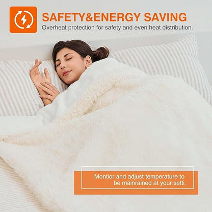 Heated Blanket with 10 Hours Auto-Off 6 Heat Level, Cozy Shaggy Faux Rabbit Fur Electric Blanket with Overheating Protection (White, 90"X100")