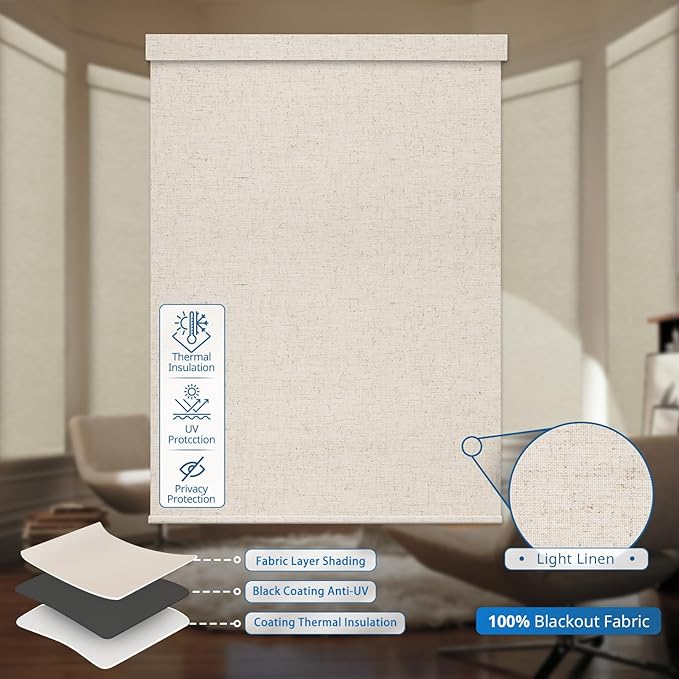Motorized Blinds for Windows - Hapadif Roller Window Shades with Remote, No-Drill Installation, Cordless Automatic Blackout Electric Blinds, Adjustable Height, Easy to Use (Linen, 35 x 72)
