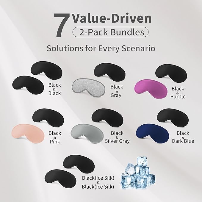3D Sleep Mask for Men Women 2 Pack, Blackout Eye Mask for Sleeping Eye Mask for Side Sleeper, Memory Foam Adjustable&Washable, Airplane Travel Essentials Couples Yoga Meditation Black & Silver-Gray