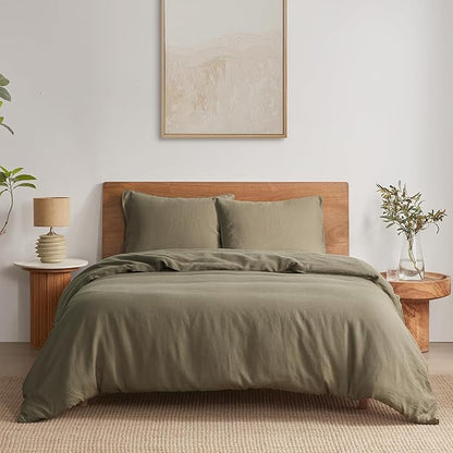 DAPU 100% Linen Duvet Cover Set - Pure Natural French Flax Linen with Corner Ties and Zipper Closure Soft Breathable Durable for Hot Sleepers 1 Duvet Cover 2 Pillowcases (Forest Green, Queen)