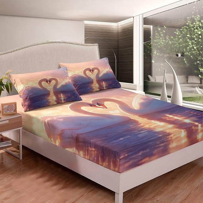 Couple Swan Kids Fitted Sheet Twin Size,Lake House Animals Fishing Cabin Bedding Set,Boys Girls Room Decor,Sunset Rustic Farmhouse Bed Cover,Pink Romantic Bed Sheet,1 Pillowcase