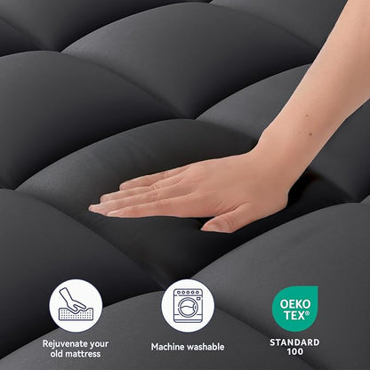 ELEMUSE Twin XL Black Mattress Topper for College Dorm Room Essentials, Extra Long Twin Mattress Pad for Back Pain Relief, Plush Pillowtop with Elastic Deep Pocket, Overfilled Down Alternative Filling