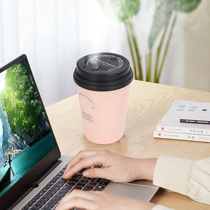 Mini Portable 300ml Humidifier, USB Coffee Cup Low Noise Desk Humidifier Lightweight Space Saving Car Humidifiers for Bedroom Office Travel Home (Pink)