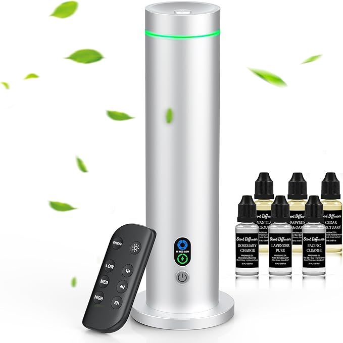 Maromalife Waterless Diffuser, 1000 Sq.Ft Coverage, Essential Oil Diffuser with Tilt-Safe, Remote Control, Adjustable Mist, Mood Lights Aromatherapy Diffuser for Home, Room, Office, Hotel, Metallic