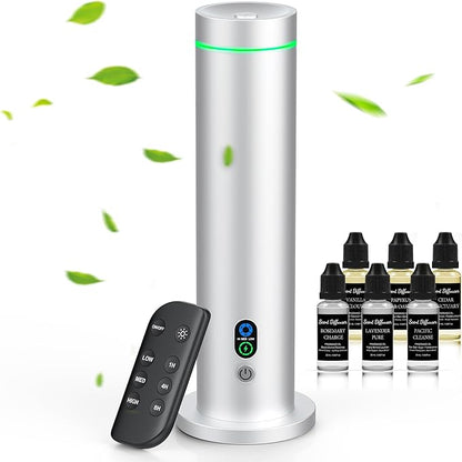 Maromalife Waterless Diffuser, 1000 Sq.Ft Coverage, Essential Oil Diffuser with Tilt-Safe, Remote Control, Adjustable Mist, Mood Lights Aromatherapy Diffuser for Home, Room, Office, Hotel, Metallic