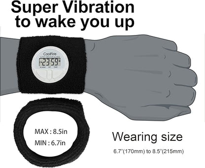 Coolfire Vibrating Alarm Clock - Silent Alarm Wristband Vibrating Alarm Watch. Silent Wrist Shock Alarm Clock. Vibration Alarm Bracelet Deep Sleeper & Vibrate Alarm (Black) (Black)