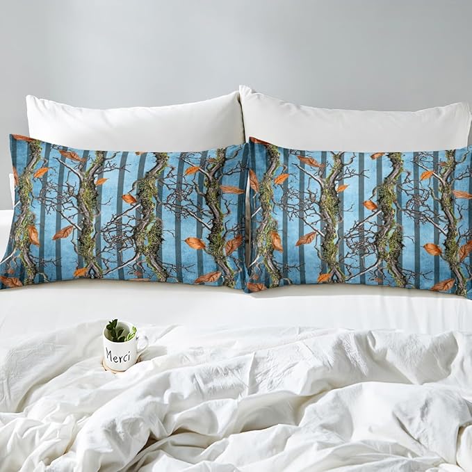Tree Branches Kids Fitted Sheet Twin Size,Wild Hunting Botanical Leaves Rustic Cabin Bedding Set,Boys Girls Room Decor,Geometric Stripes Patch Bed Cover,Blue Bed Sheet,1 Pillowcase(No Top Sheet)