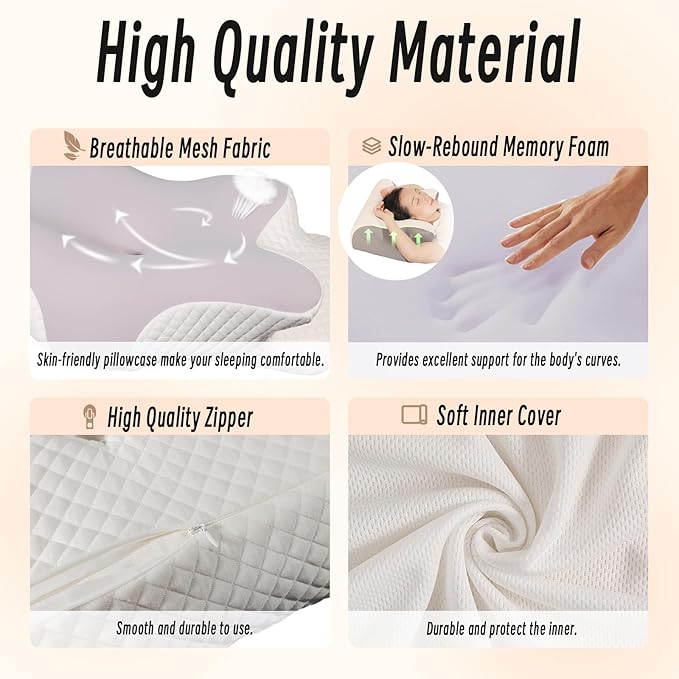 Cervical Pillow for Neck Pain Relief, Ergonomic Contour Orthopedic Pillow for Sleeping Shoulder Pain & Support, Cozy Memory Foam Neck Pillow with Pillowcase for Side Back Stomach Sleeper(Lilac)