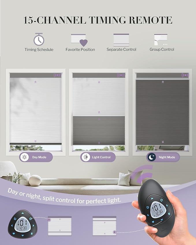 Graywind Motorized Day Night Cellular Shades with Remote, Smart Honeycomb Blinds Compatible with Alexa & Google Home, Custom Size Blackout/Privacy for Bedroom, Living Room & Home Office, Dark Grey