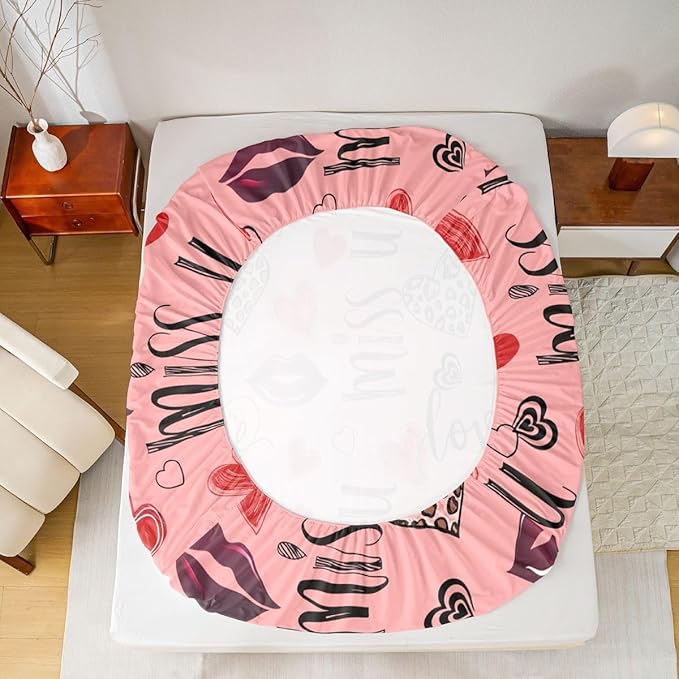 Heart Kids Full Size Fitted Sheet,Lips Leopard Love Romantic Room Decor,Valentine's Day Chic Boys Girls Bed Sheets,Red Pink Bedding Set,2 Pillowcases(No Flat)