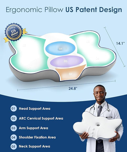 Cervical Neck Pillow for Pain Relief, Ergonomic Side Sleeper Pillow for Neck Support, Cooling Memory Foam Pillows Contour Orthopedic Bed Pillow for Back Stomach Sleepers (White)