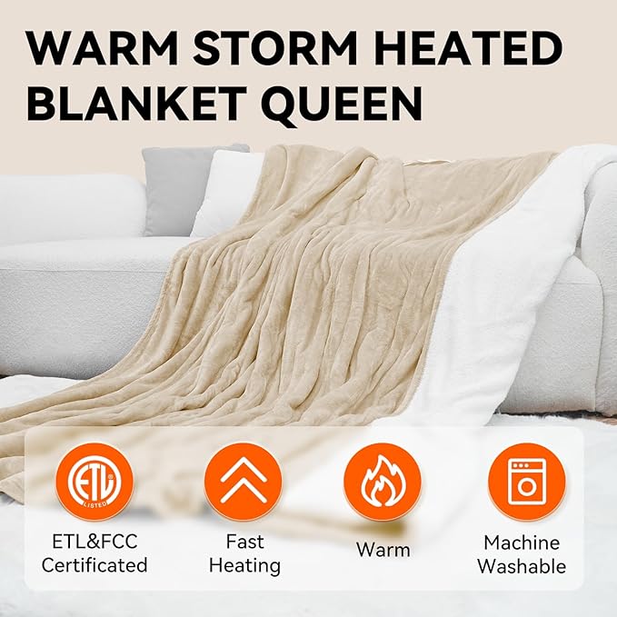 Warm Storm Electric Blanket Queen Size Heated Blanket Anti-Static Flannel & Sherpa 10 Heating Levels 12 Hours Auto Off Machine Washable Beige 84"x 90"