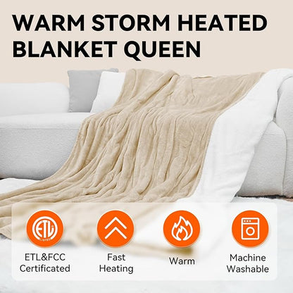 Warm Storm Electric Blanket Queen Size Heated Blanket Anti-Static Flannel & Sherpa 10 Heating Levels 12 Hours Auto Off Machine Washable Beige 84"x 90"