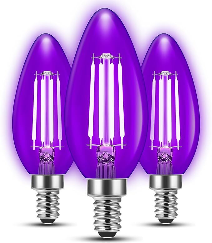 Flaspar 3 Pack E12 LED Purple Light Bulbs, E12 Filament Candelabra Bulb 4W 40W Equivalent, Vintage LED Purple Lights for Christmas Light Bulbs, Porch, Halloween Party, Black Decorative Lighting