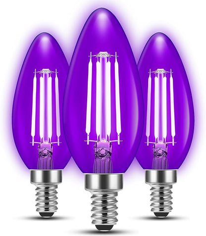 Flaspar 3 Pack E12 LED Purple Light Bulbs, E12 Filament Candelabra Bulb 4W 40W Equivalent, Vintage LED Purple Lights for Christmas Light Bulbs, Porch, Halloween Party, Black Decorative Lighting