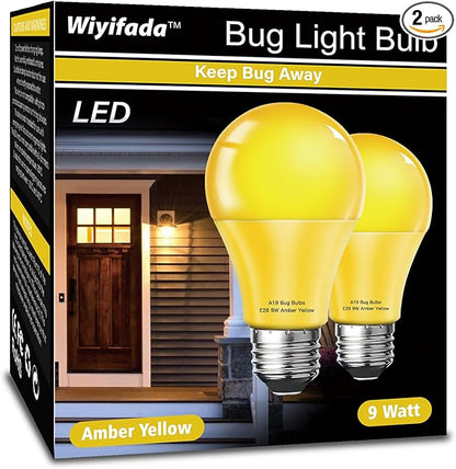 LED Bug Light Bulbs Outdoor 2 Pack, 9W Amber Light Bulbs, 100W Equivalent, A19 Amber Bug Lights for Outside, Bedroom, Hallway Porch Light,Warm Light Bulb