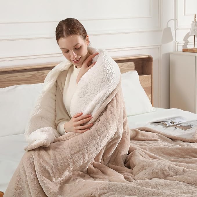 Electric Blanket Queen 84"x90" Heated Blanket Queen Size Dual Control Wheat Pattern Ultra-Soft Flannel & Thick Sherpa with 5 Heat Settings & 10H Auto Off, FCC/ETL Certified, Machine Washable, Beige