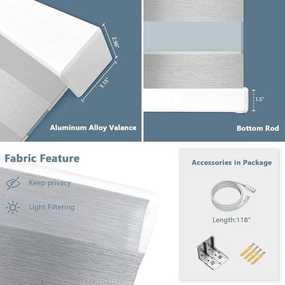 Motorized Zebra Blinds for Windows Cordless Electric Curtains with Remote Control Blackout Shades Custom Smart Blinds Compatible with Alexa Google Home(Light Filtering Grey,W35 X 72in)