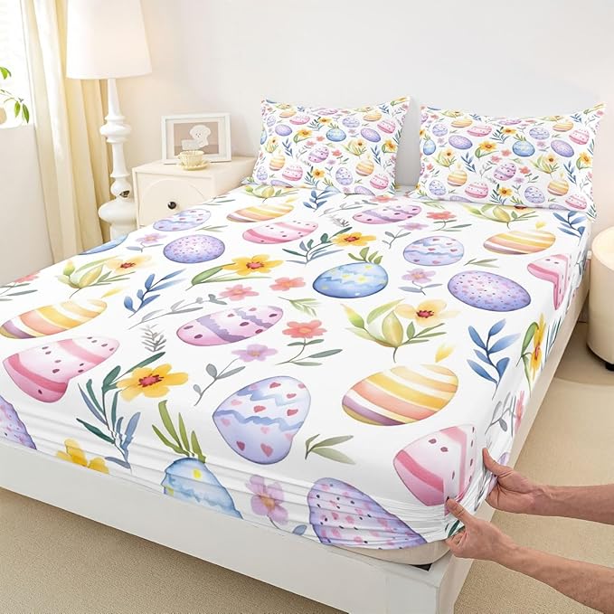 Easter Egg Fitted Sheet Twin Size Spring Flower Floral Bedding Set for Kids Bedroom Happy Easter Rustic Bed Sheet Set 2pcs Purple Colorful Deep Pocket Mattress Cover,No Top Flat
