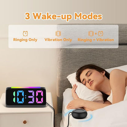 Netzu Alarm Clocks for Bedrooms Heavy Sleepers, Vibrating Alarm Clock with Bed Shaker, Night Light, RGB Display, Dimmer, Snooze for Hearing Impaired People (Black)
