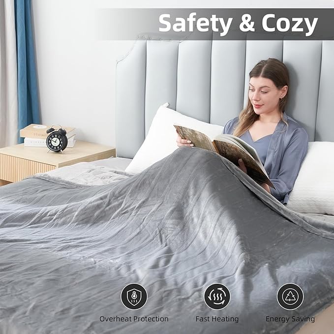 Electric Heated Blanket Queen Size 84"x90", Soft Plush Microplush for Bed, Dual Controllers & Dual Heating Zones, 1-10 Hours Auto Off & 6 Heating Levels, Machine Washable, Gifts for Family-Gray