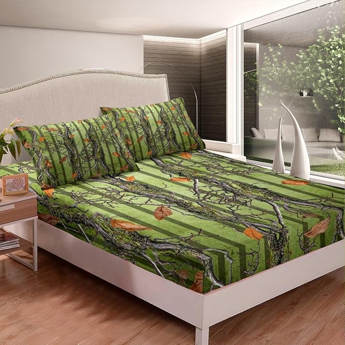 Tree Branches Kids Fitted Sheet Full Size,Wild Hunting Adventure Cabin Bedding Set,Boys Girls Room Decor,Jungle Botanical Leaves Rustic Nature Bed Cover,Green Bed Sheet,2 Pillowcases(No Top Sheet)
