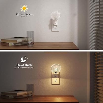 JandCase Night Light, Night Lights Plug into Wall, 2 Pack Dusk to Dawn Sensor Seashell Nightlights, 3000K Soft White Brightness Adjustable Nightlight for Kids Bedroom Hallway Kitchen