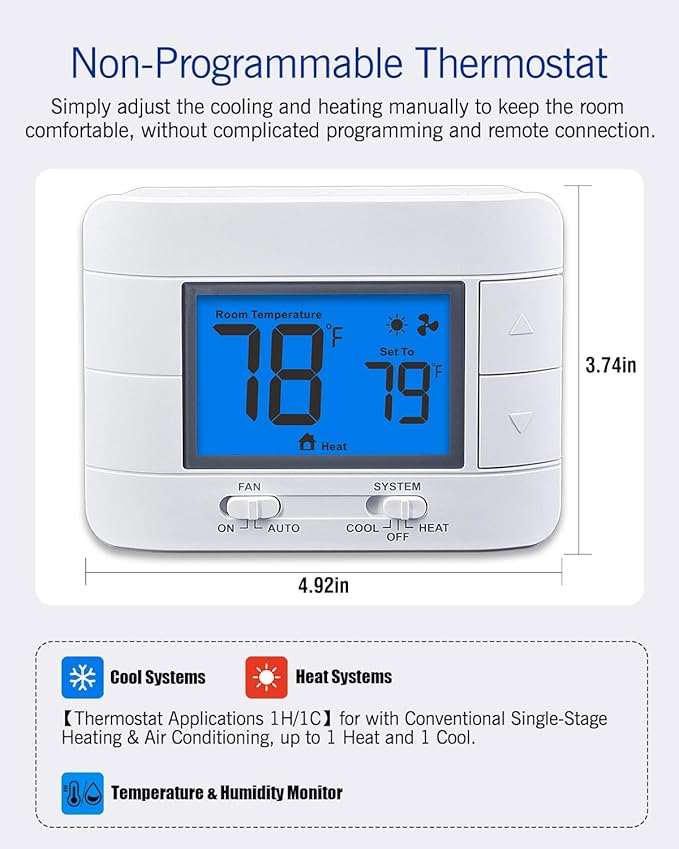 Non Programmable Thermostat for Home 1 Heat/ 1 Cool Single-Stage System, with Room Temperature Monitor (LCD Blue Backlit Screen)