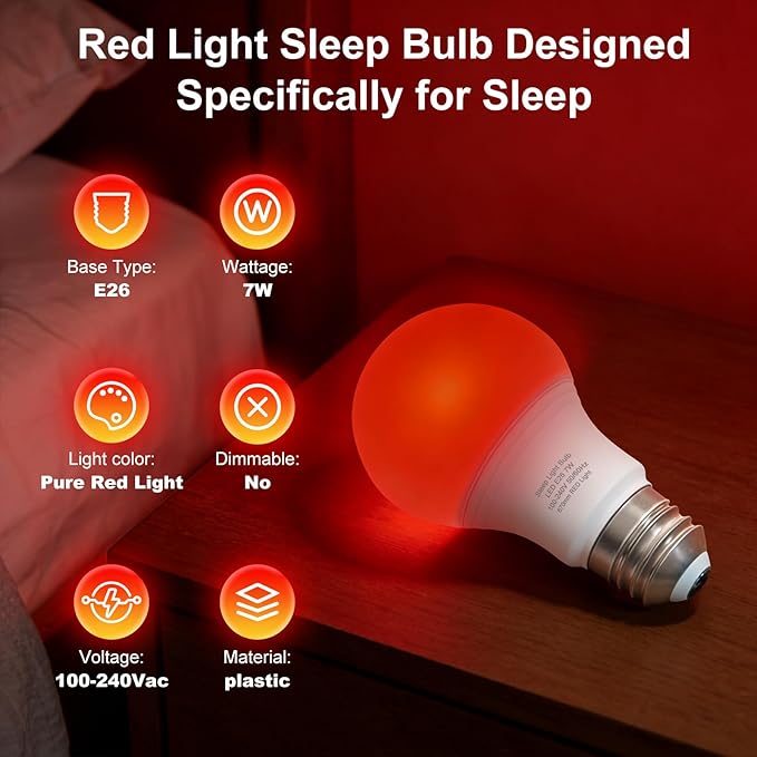 Red Light Bulb, 670nm Deep Red Light Bulbs for Sleep Improvement & Relaxation, Blue Light Blocking Sleep Aid Lamp with 7W E26 Base for Bedroom, Meditation, Yoga, Travel