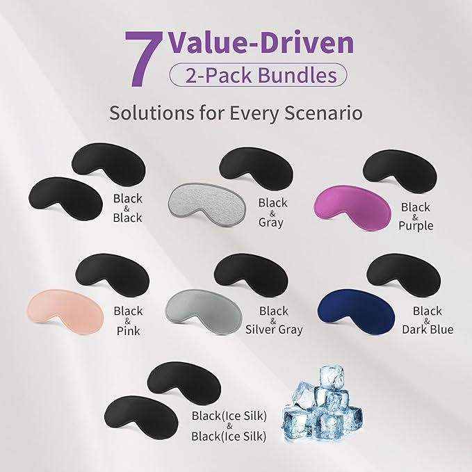 3D Sleep Mask for Men Women 2 Pack, Blackout Eye Mask for Sleeping Eye Mask for Side Sleeper, Memory Foam Adjustable&Washable, Airplane Travel Essentials Couples Yoga Meditation Office Black & Purple